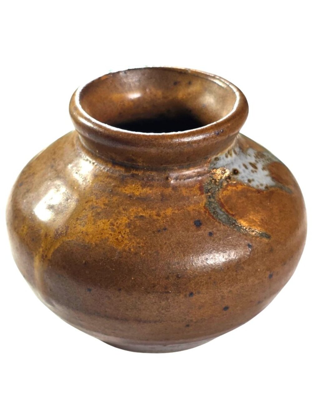 Handcrafted Brown Glazed Studio Pottery Vase Rounded Body Narrow Neck Rustic